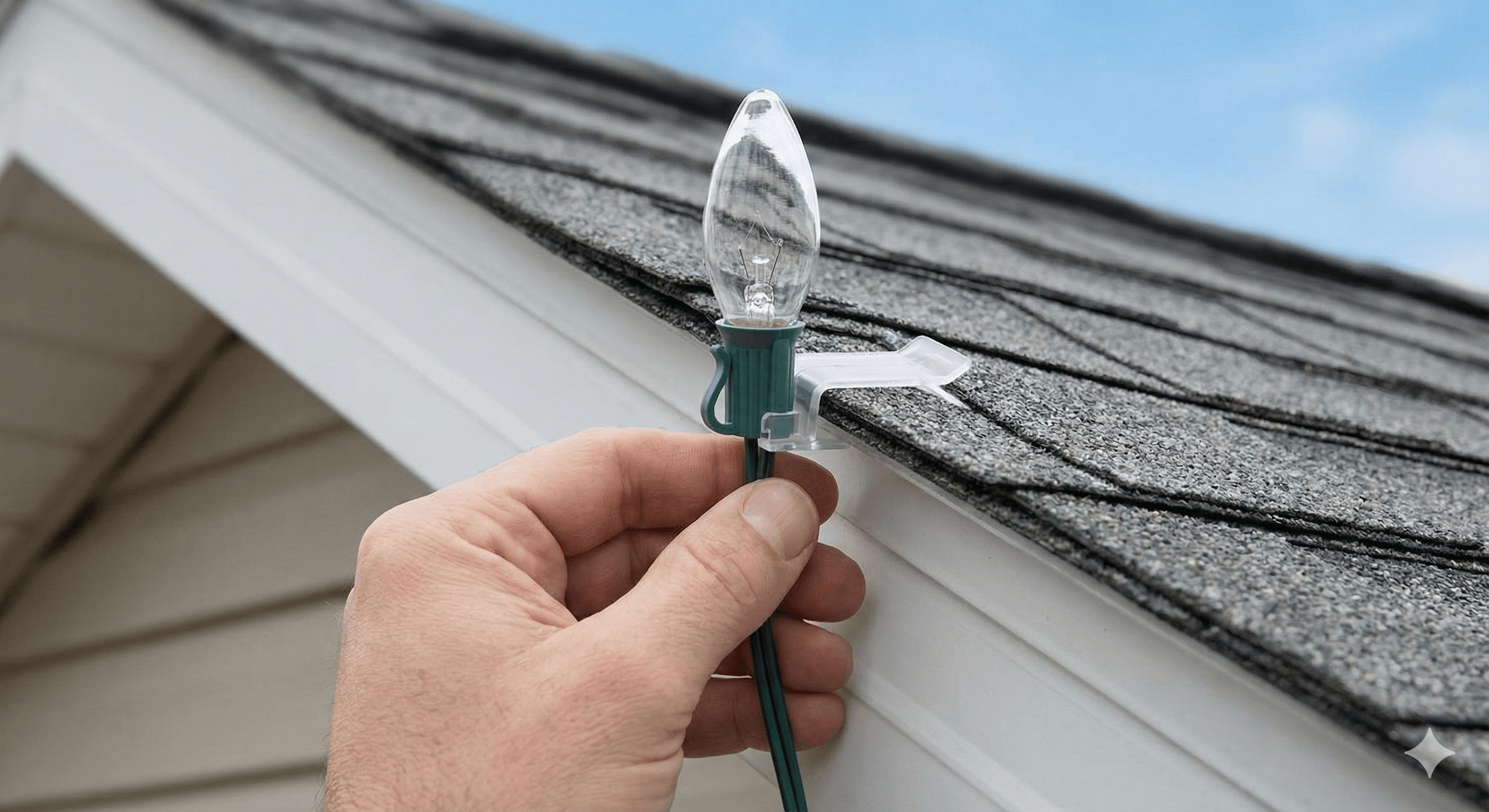 Close up of hand attaching C9 light bulb to roof shingle using a damage-free plastic clip