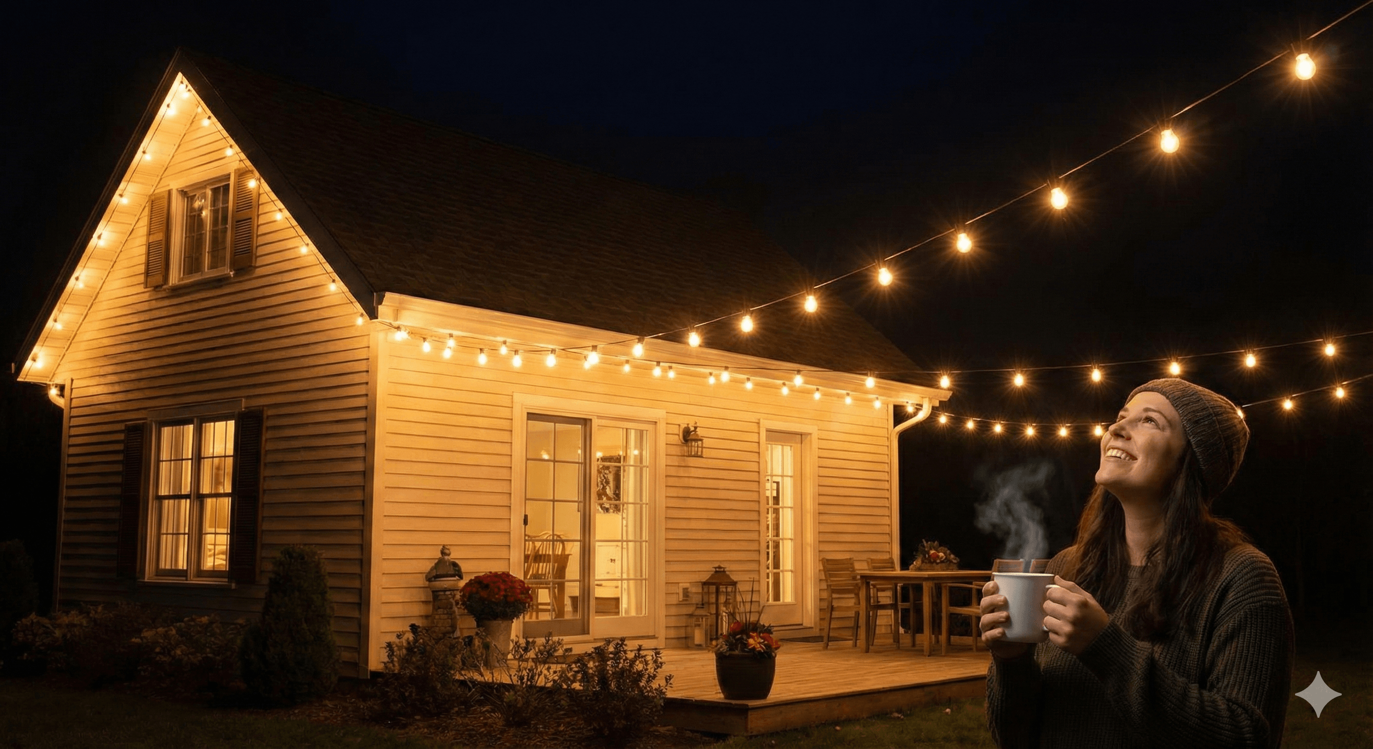 Cozy home exterior with warm string lights hanging from roofline and woman holding hot cocoa
