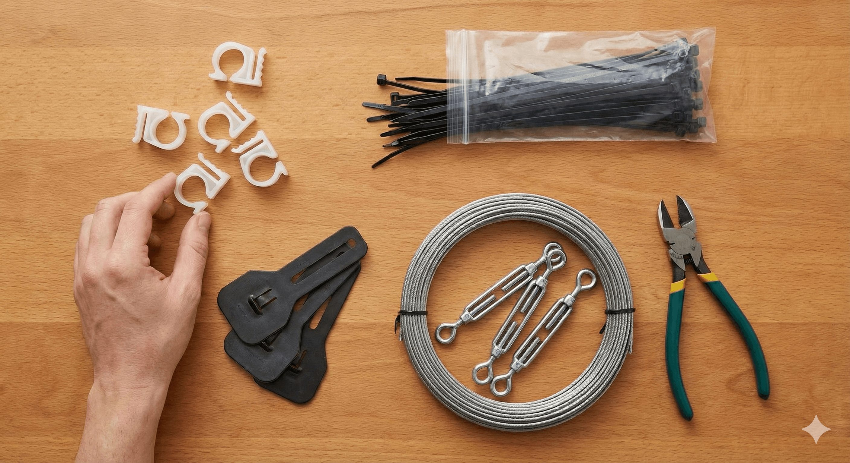 Essential tools for hanging lights including plastic gutter clips, zip ties, guide wire kit, and cutters