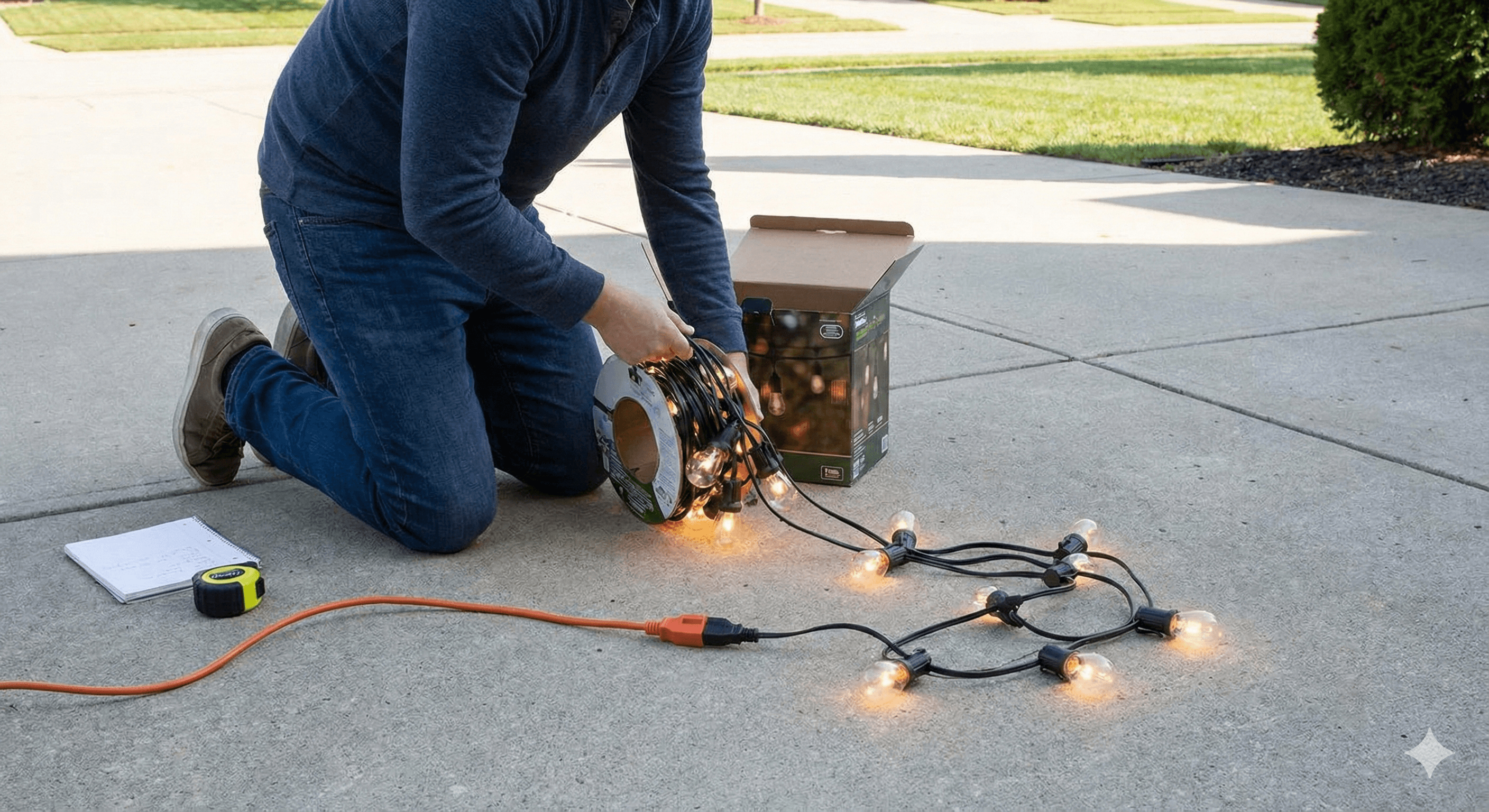 Man performing a ground test on Christmas string lights to check for dead bulbs before hanging