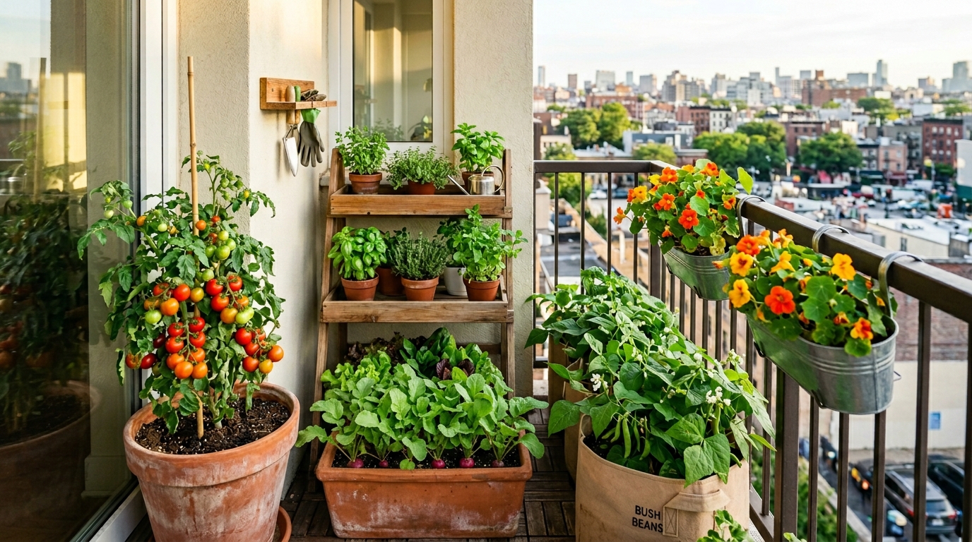 Vibrant balcony garden with vegetables