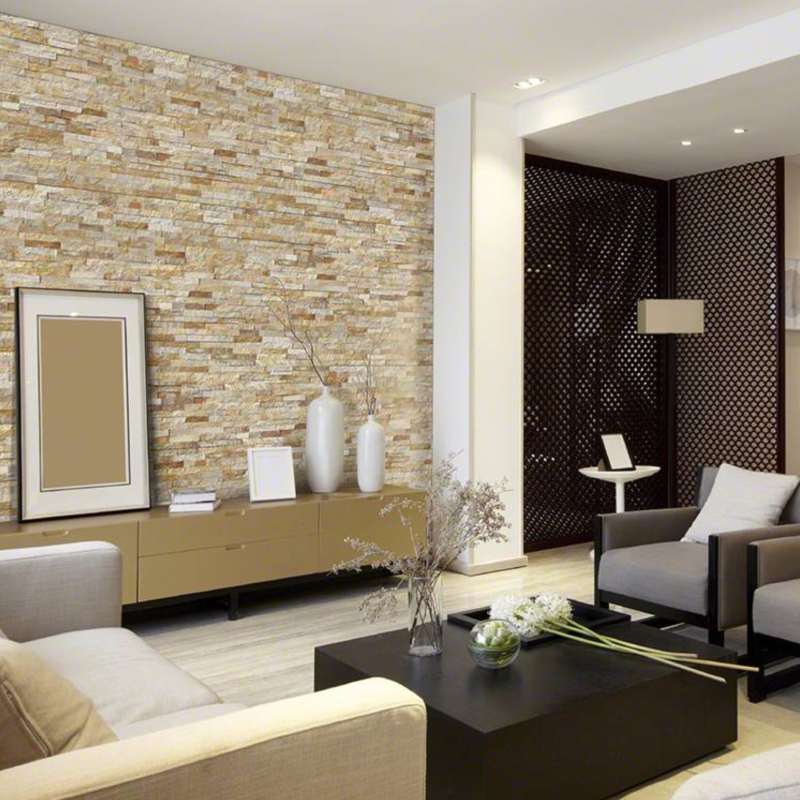 Modern living room with stone wall