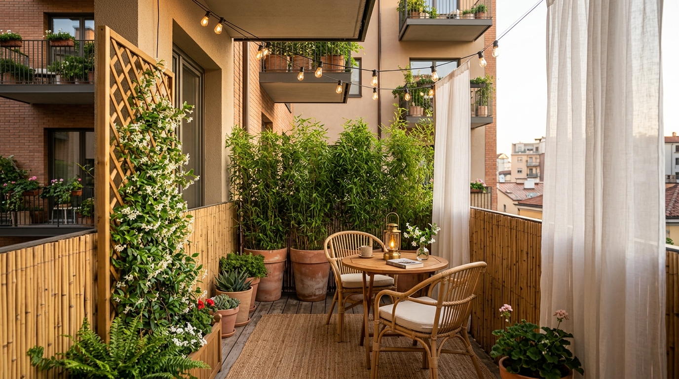 Cozy balcony with plants and lights