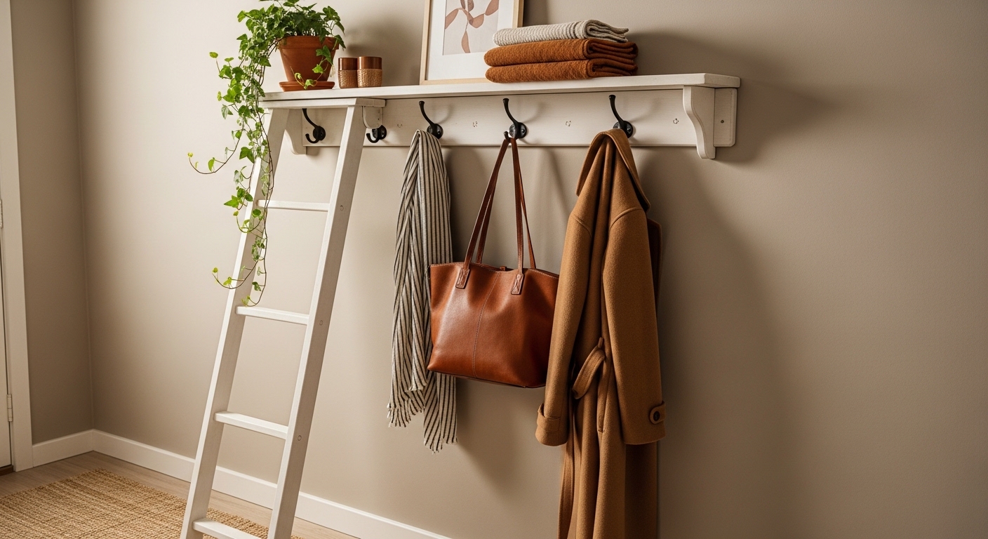 Repurpose an Old Ladder as a Coat and Bag Stand