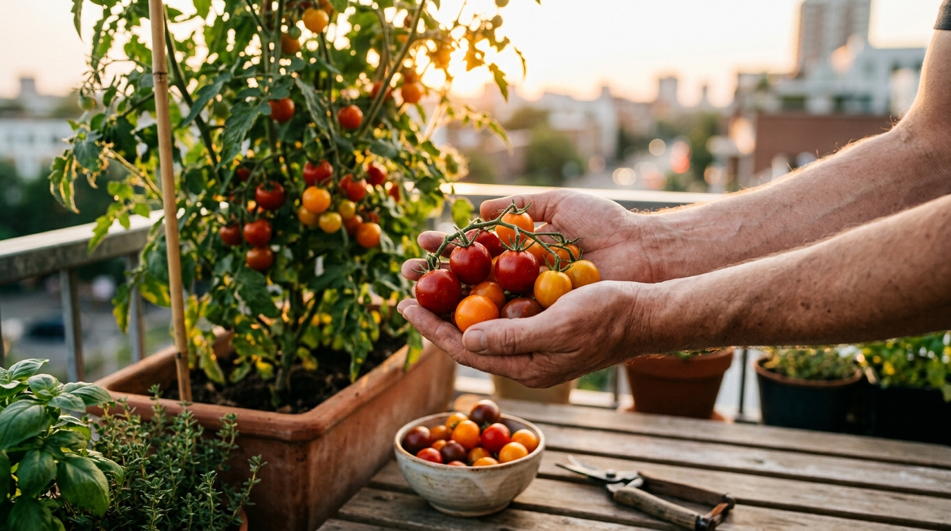 cherry tomato harvesting from balcony garden