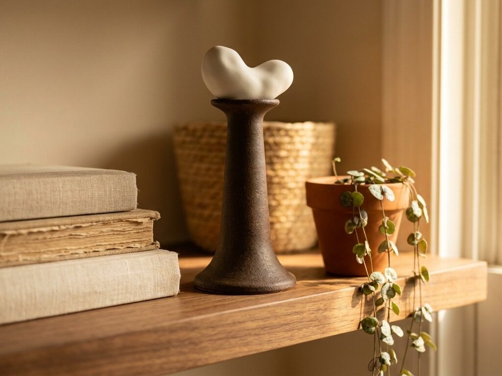 Ceramic candlestick holder on shelf