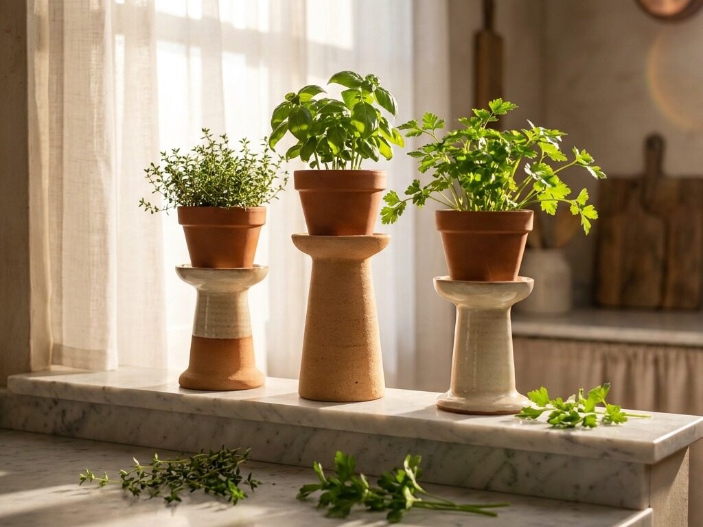 Candle holders with potted herbs