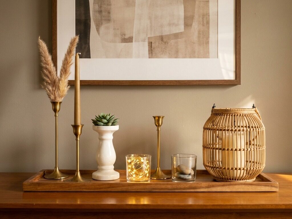 Sofa table vignette seven candle holders