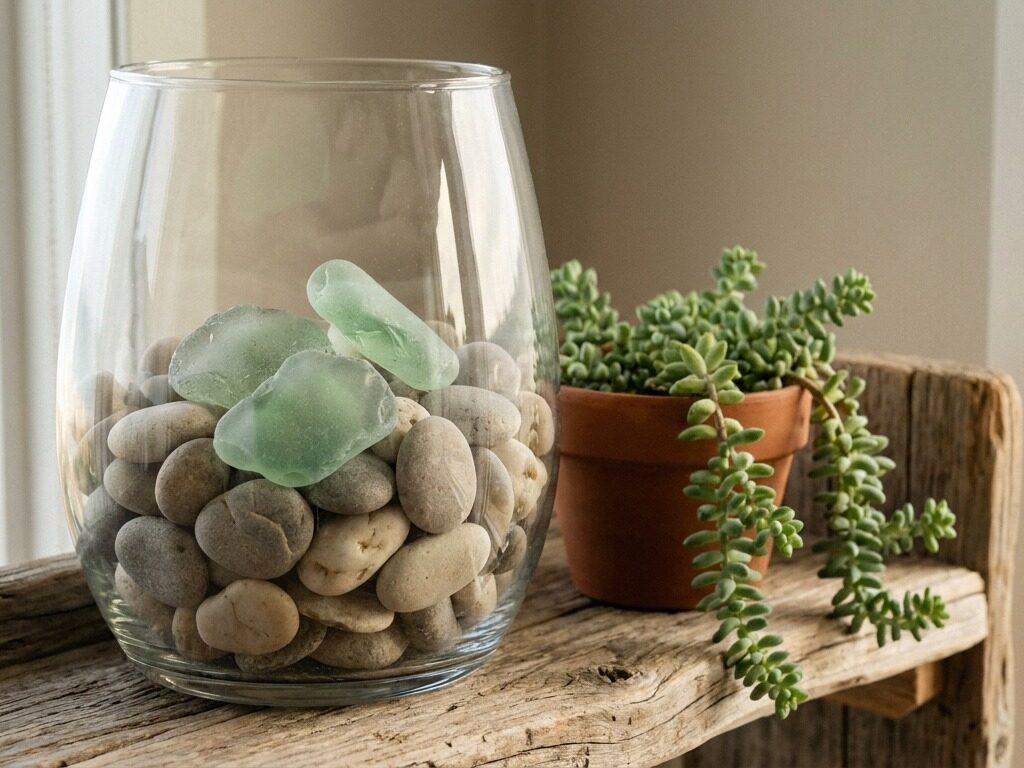 Glass lantern with pebbles