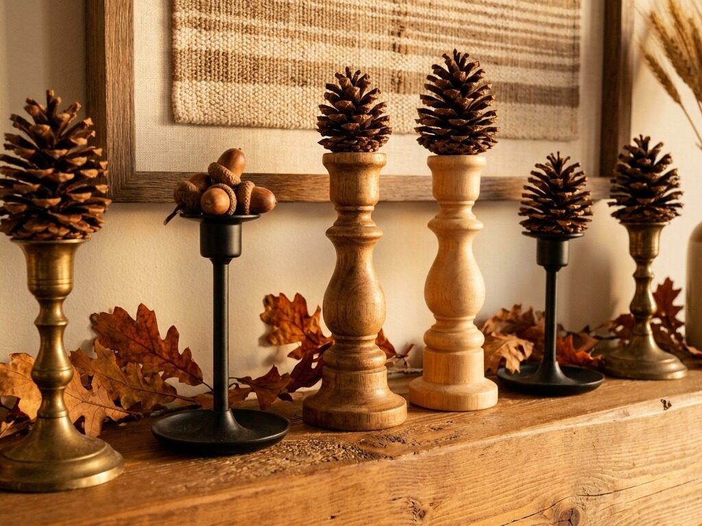 Candlestick holders with pinecones