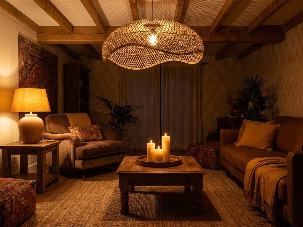 Afrohemian theme living room at dusk