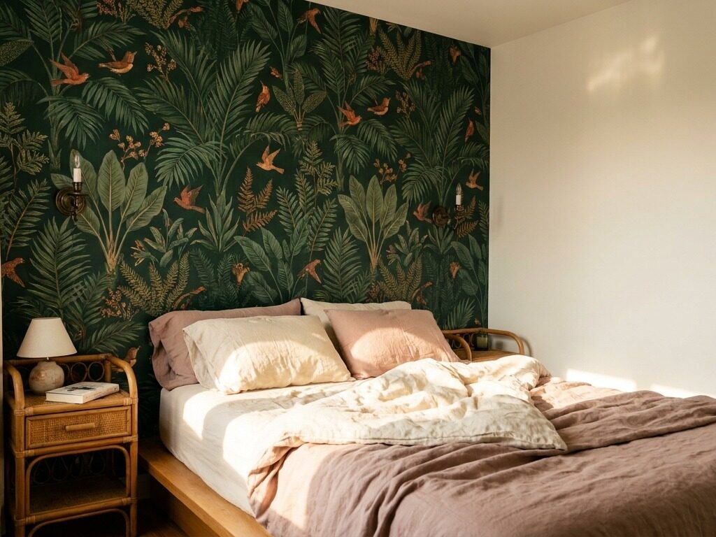 Bedroom with maximalist wallpaper