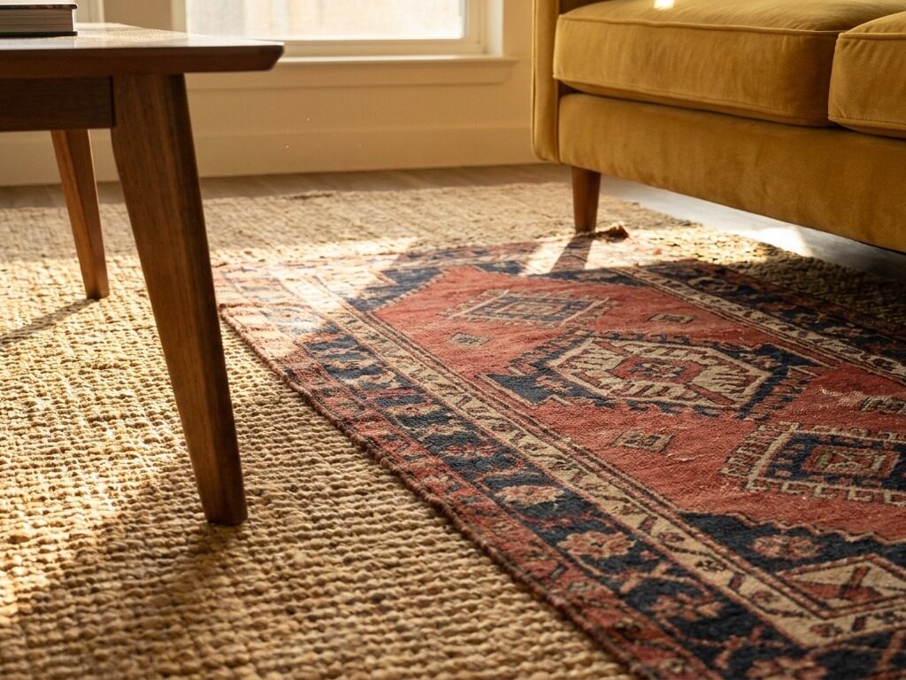 Layered rug arrangement living room