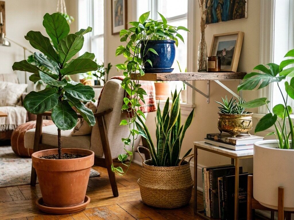 Apartment plant display warm paints