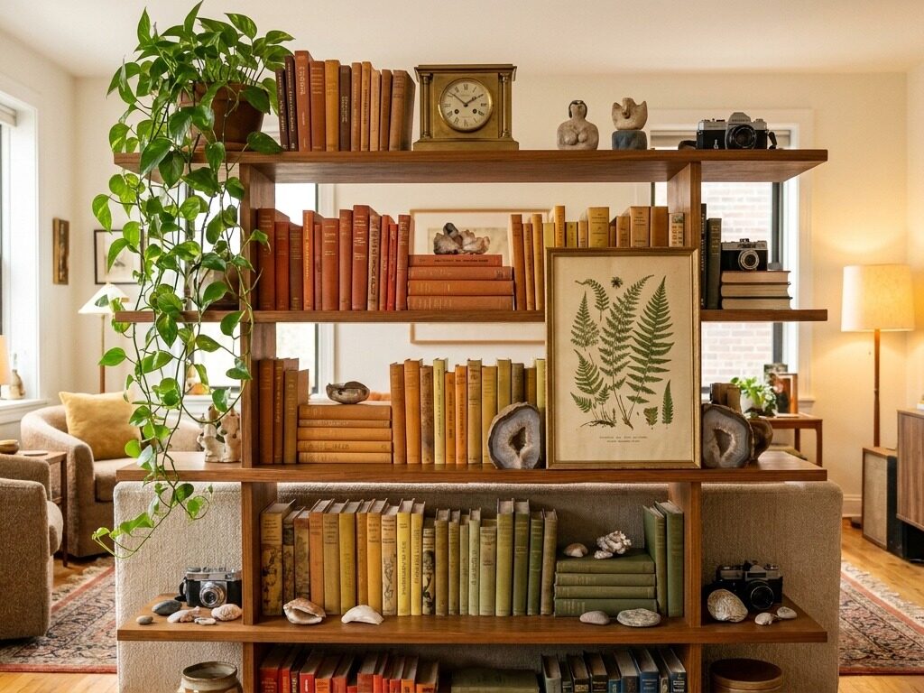 Eclectic bookshelf in apartment