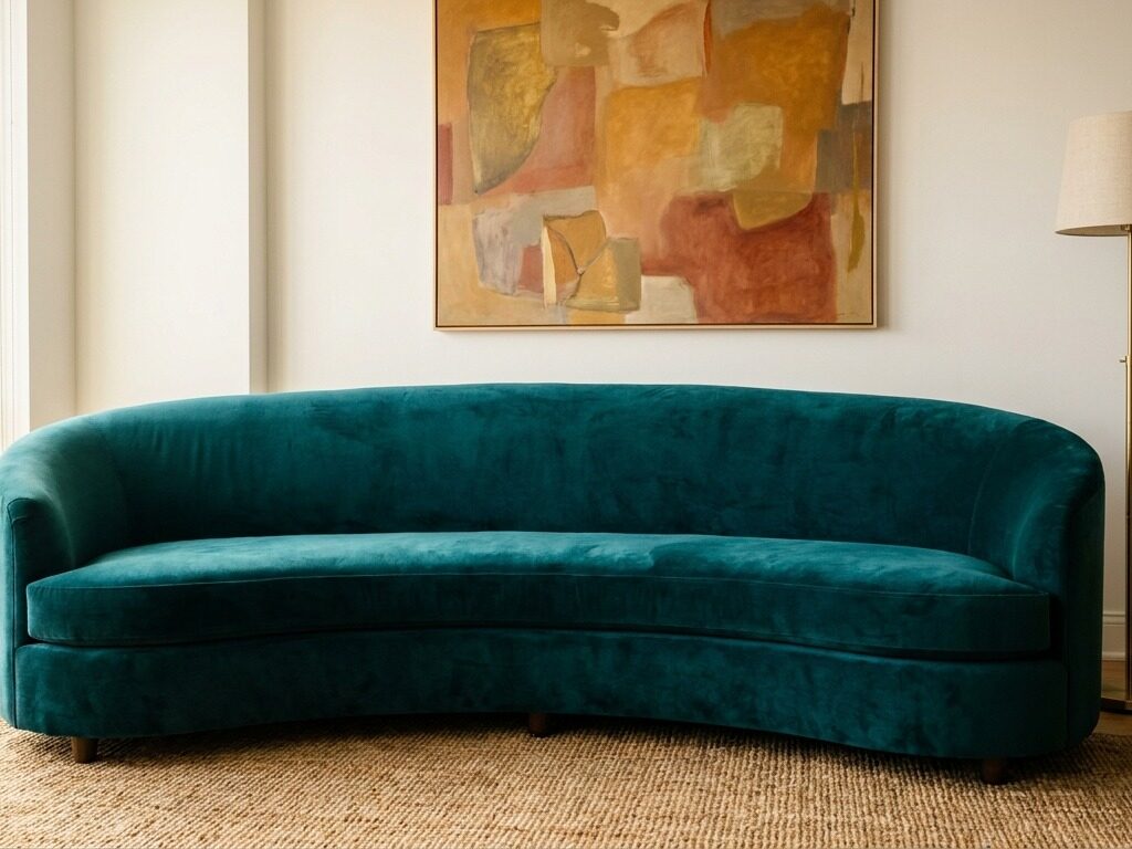 Curved sofa in eclectic apartment