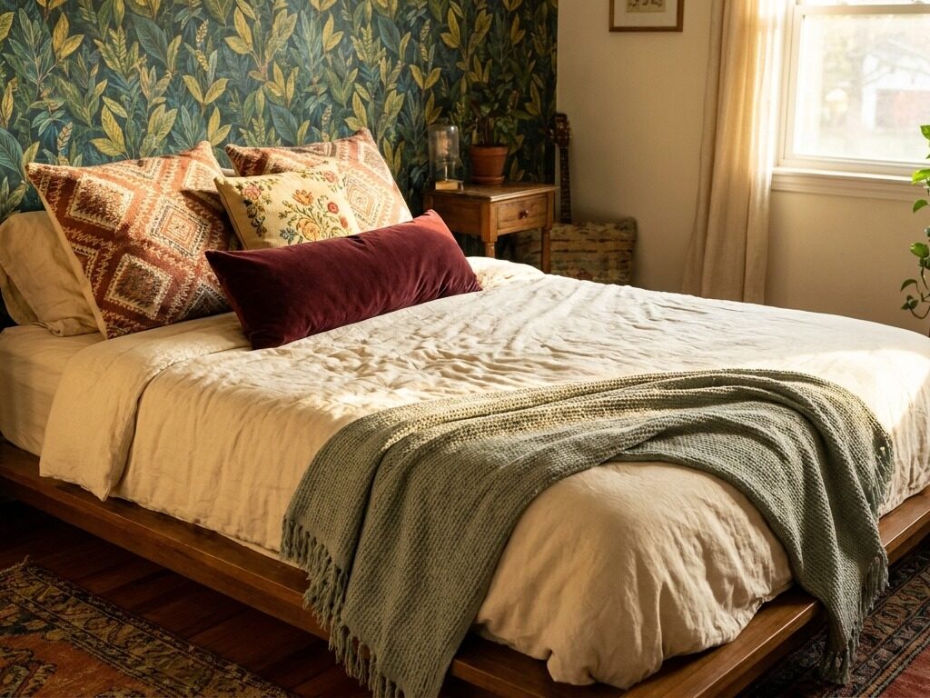 Bedroom with layered textile bed