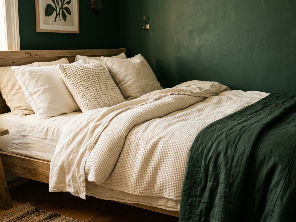 Layer Cream and Warm White Bedding Against the Green