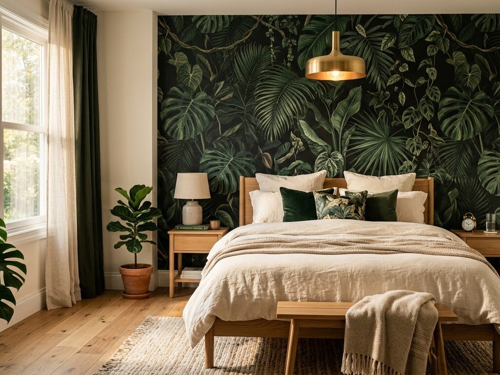 Bedroom with botanical wallpaper