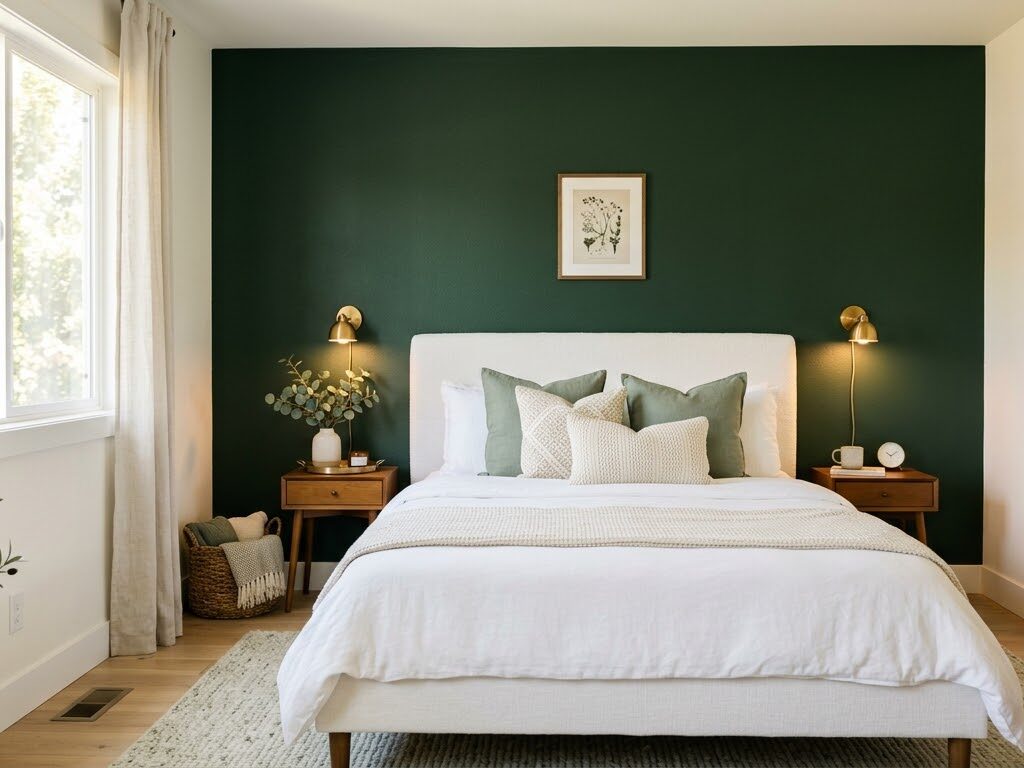 Light wood furniture against dark green walls
