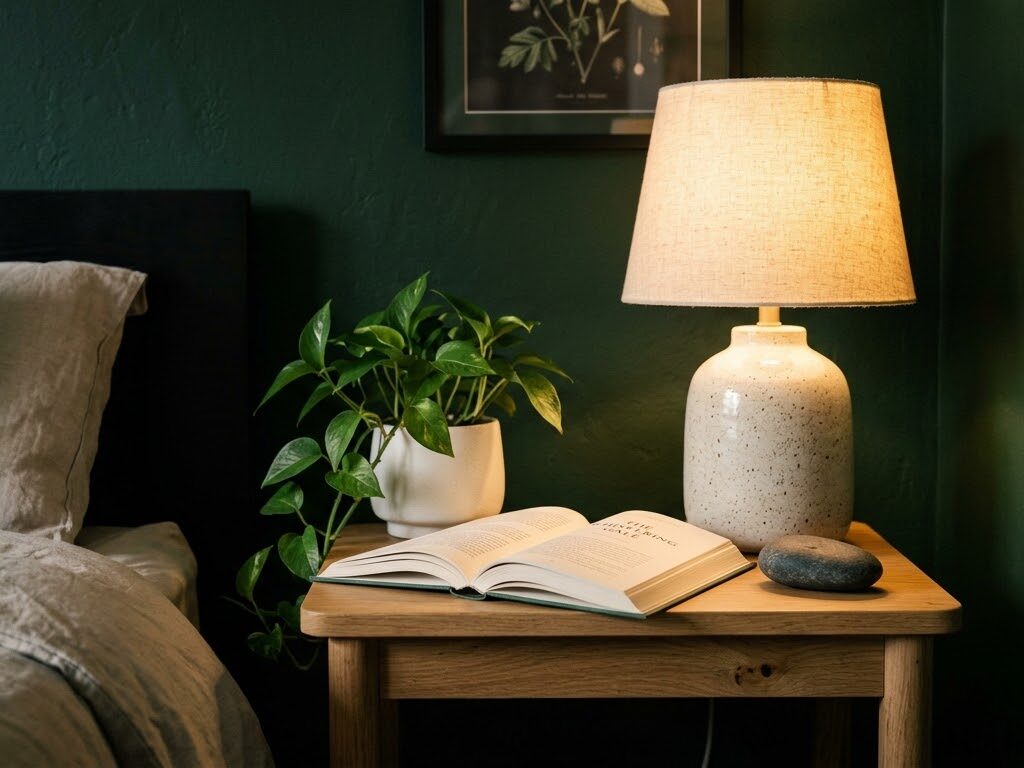 bedside table in a dark green bedroom
