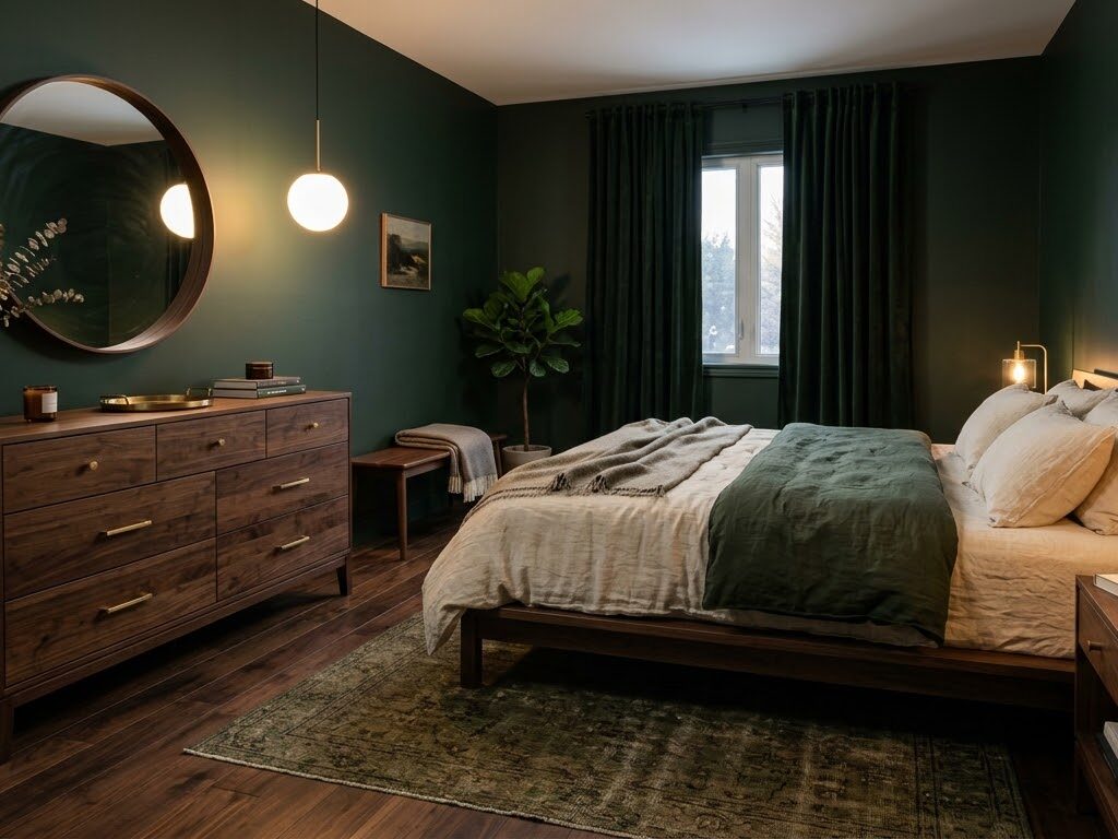 Light wood furniture against dark green walls