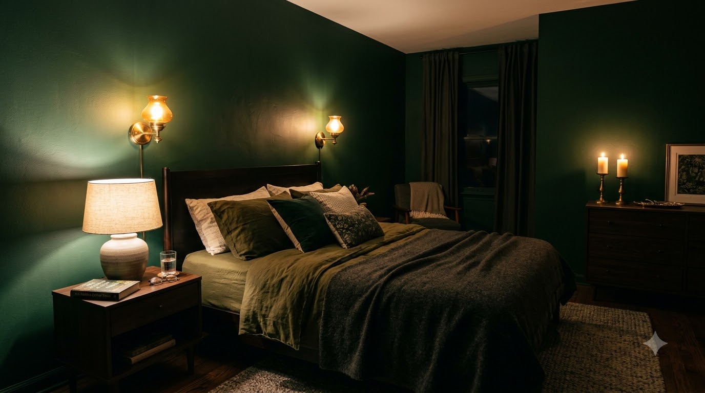Dark green bedroom interior light