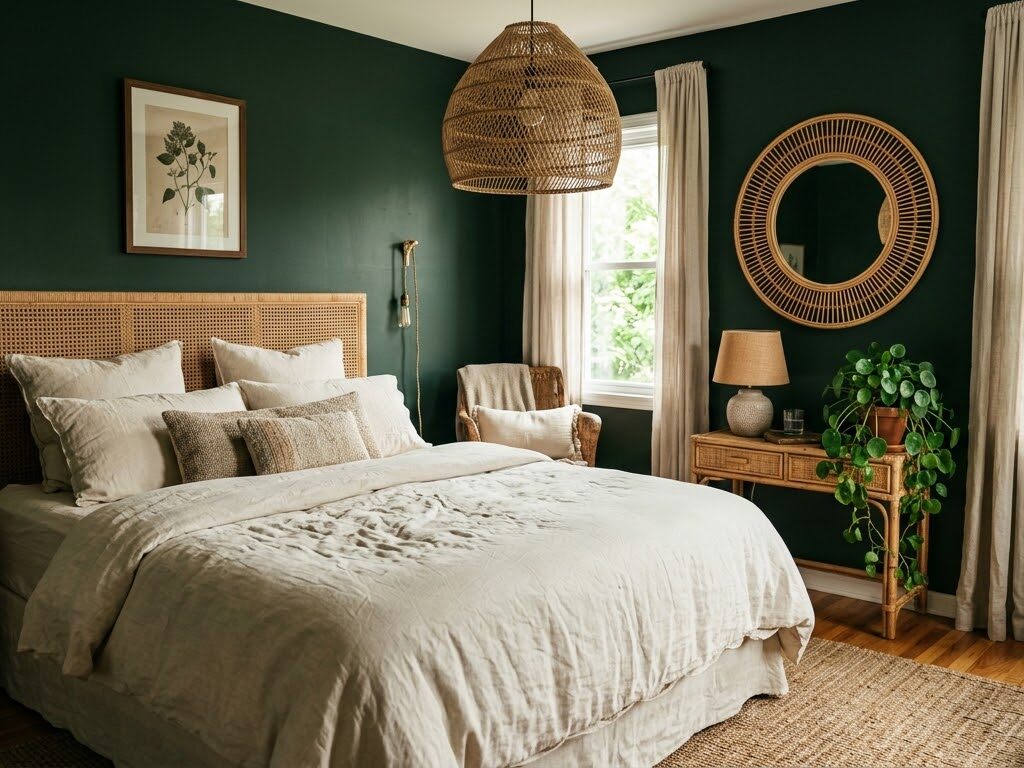 dark green walls with natural rattan furniture